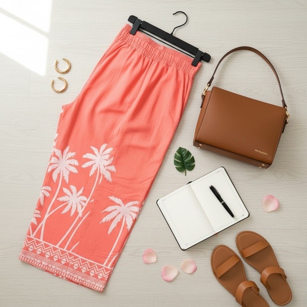 Bellissima Kim Gravel Coral Pink Palm Tree Linen Blend Tie Front Top Pants SET - Picture 7 of 14